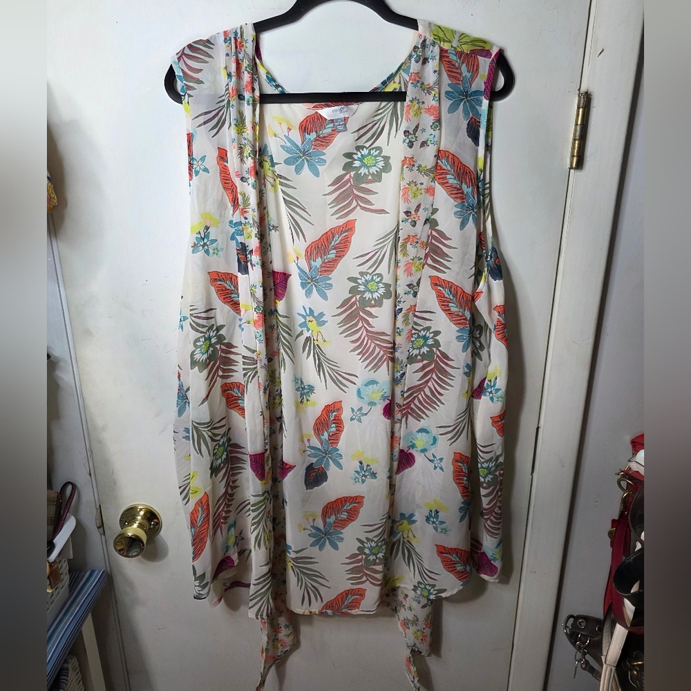 Terra & Sky 3X Floral Sleeveless Drape Cardigan Sheer Lightweight Casual Tropica